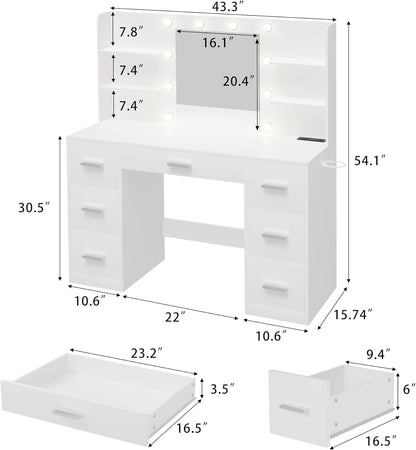 Vanity Desk with Mirror LED Lights and Power Outlet Makeup with 7 Drawers
